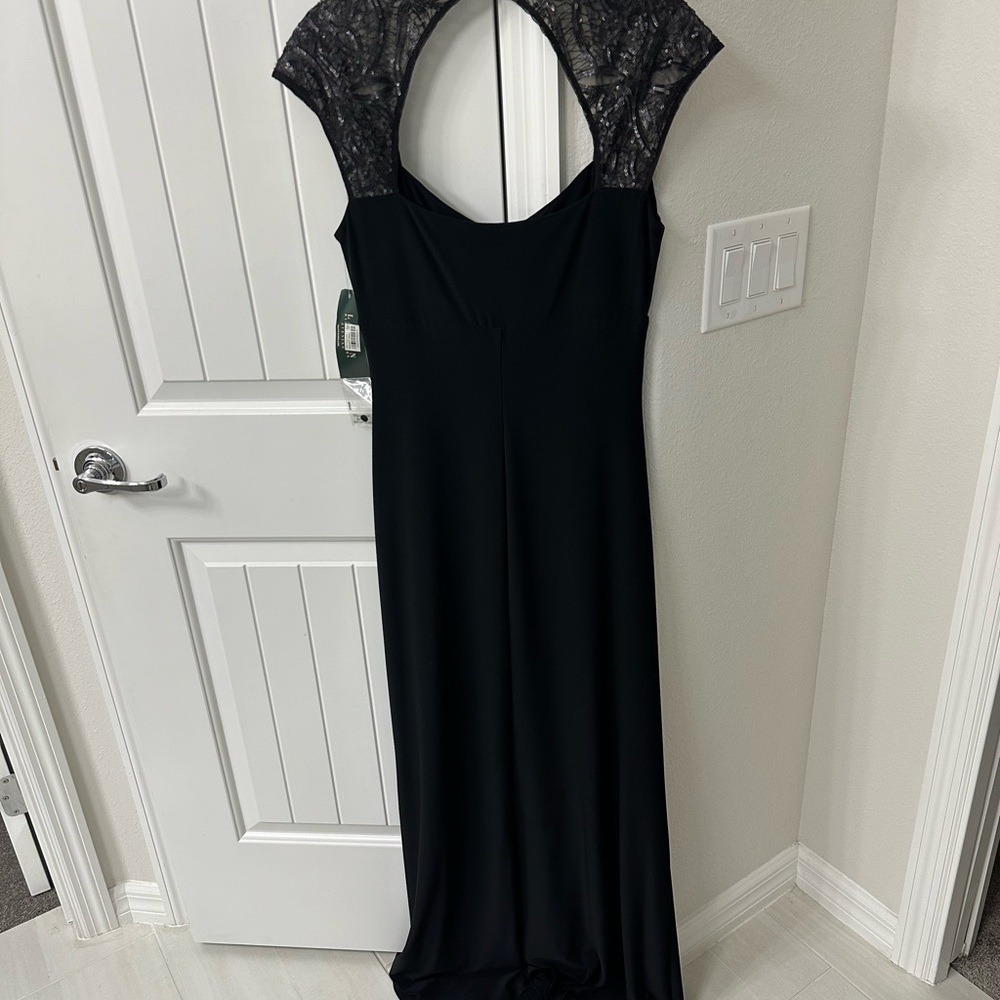 Ralph Lauren. Black Formal Gown with Cap Sequin Sleeves and Open Upper Back